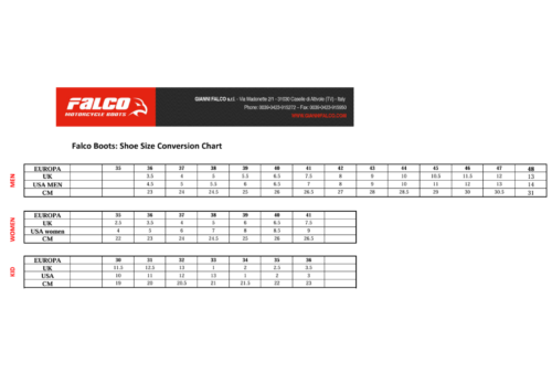 faco boots size chart